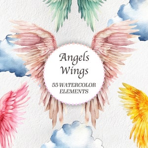 55 Watercolor Angel Wings Clip Art Collection, Feathered Wings PNG Bundle, Commercial Use, Instant Download, Perfect for Journals and Decor
