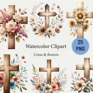 Lot de cliparts croix fleur aquarelle | PNG | 300 ppp | Téléchargement instantané | Art chrétien et religieux | Croix png | Utilisation commerciale