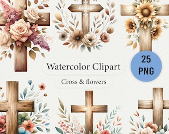 Watercolor Floral Cross Clipart Bundle: Christian PNG Art (Commercial Use)