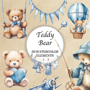 Bundle de cliparts aquarelle ours en peluche, décoration de baby shower pour un garçon, ballons bleus, PNG à usage commercial, art imprimable de haute qualité ours en peluche