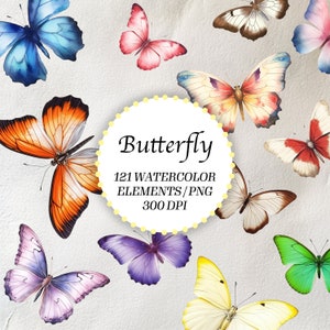 Aquarell Schmetterling Clipart Bundle - Wildblumen Clip Art mit transparentem Hintergrund - Schmetterlinge Baby Shower - Set mit 121 Illustrationen
