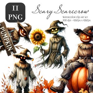 Watercolor Fall Scarecrows Collection Clipart, 11 PNG Autumn Clipart, Scary Scarecrow Graphics, Autumn Printables Bundle, Commercial Use
