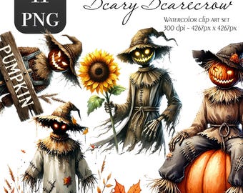 Clipart de espantapájaros en acuarela: Paquete PNG de otoño (uso comercial)