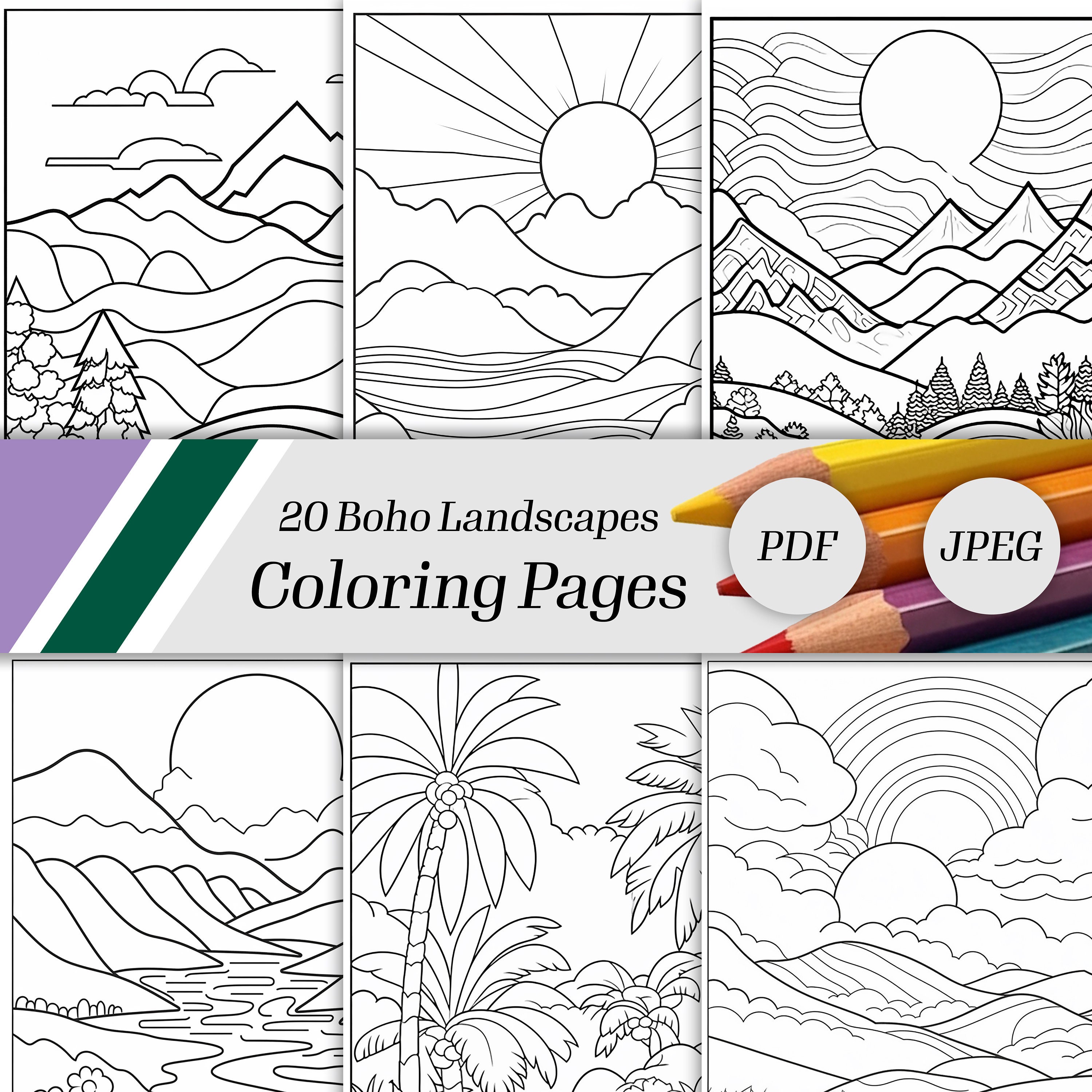 20 páginas para colorear de paisajes boho para adultos – Libro de colorear de mindfulness imprimible, descarga instantánea