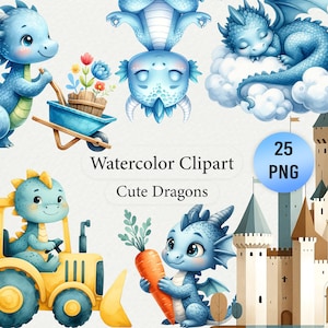 Mignon aquarelle Dragon Clipart Bundle - Blue Baby Dragon PNG Collection, Fantasy Nursery Wall Art, Utilisation commerciale, Dragon Party Decor