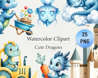 May include: Watercolor clipart featuring adorable blue dragons in various poses. One dragon pushes a wheelbarrow with flowers, another sleeps on a cloud, and others interact with a tractor and a carrot. The image includes the text "Watercolor Clipart" and "Cute Dragons".