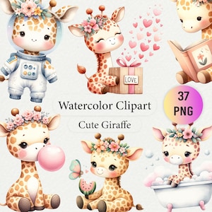 Pacchetto di clipart giraffa acquerello carino - 37 pezzi, PNG floreale giraffa per bambini, animali safari nella giungla, arredamento per la scuola materna, grafica per baby shower