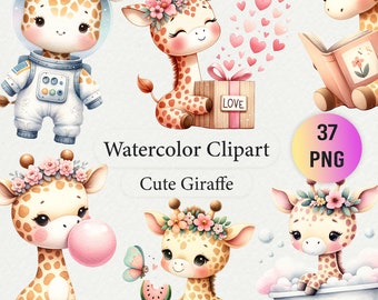 Lot de cliparts girafe aquarelle : bébés animaux de safari (37 PNG)