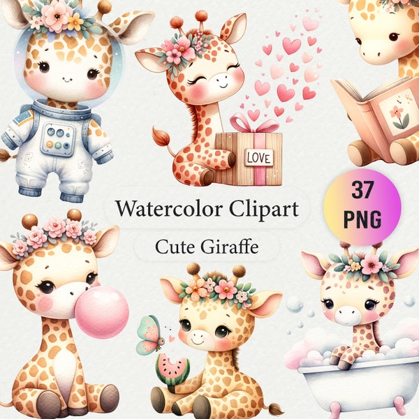 Cute Watercolor Giraffe  Clipart Bundle - 37 Pieces, Baby Giraffe Floral PNG, Jungle Safari Animals, Nursery Decor, Baby Shower Graphics