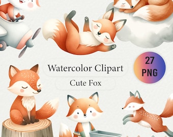 Cute Watercolor Fox Clipart Collection - Adorable Woodland Fox PNGs, Transparent Background, Nursery Decor, Birthday & Baby Shower Decor