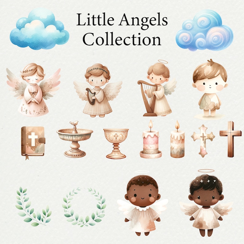 May include: A collection of watercolor illustrations featuring angels, clouds, crosses, candles, a chalice, a font, a bible, and wreaths. The title "Little Angels Collection" is written at the top of the image.