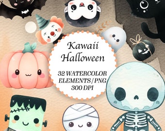 Pacchetto di clipart kawaii di Halloween: 32 illustrazioni spettrali ad acquerello (PNG)