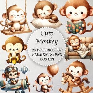 Clipart drôle de singe aquarelle - Shower de bébé dans la jungle tropicale, art mural pour chambre d'enfant, PNG instantané, usage Commercial
