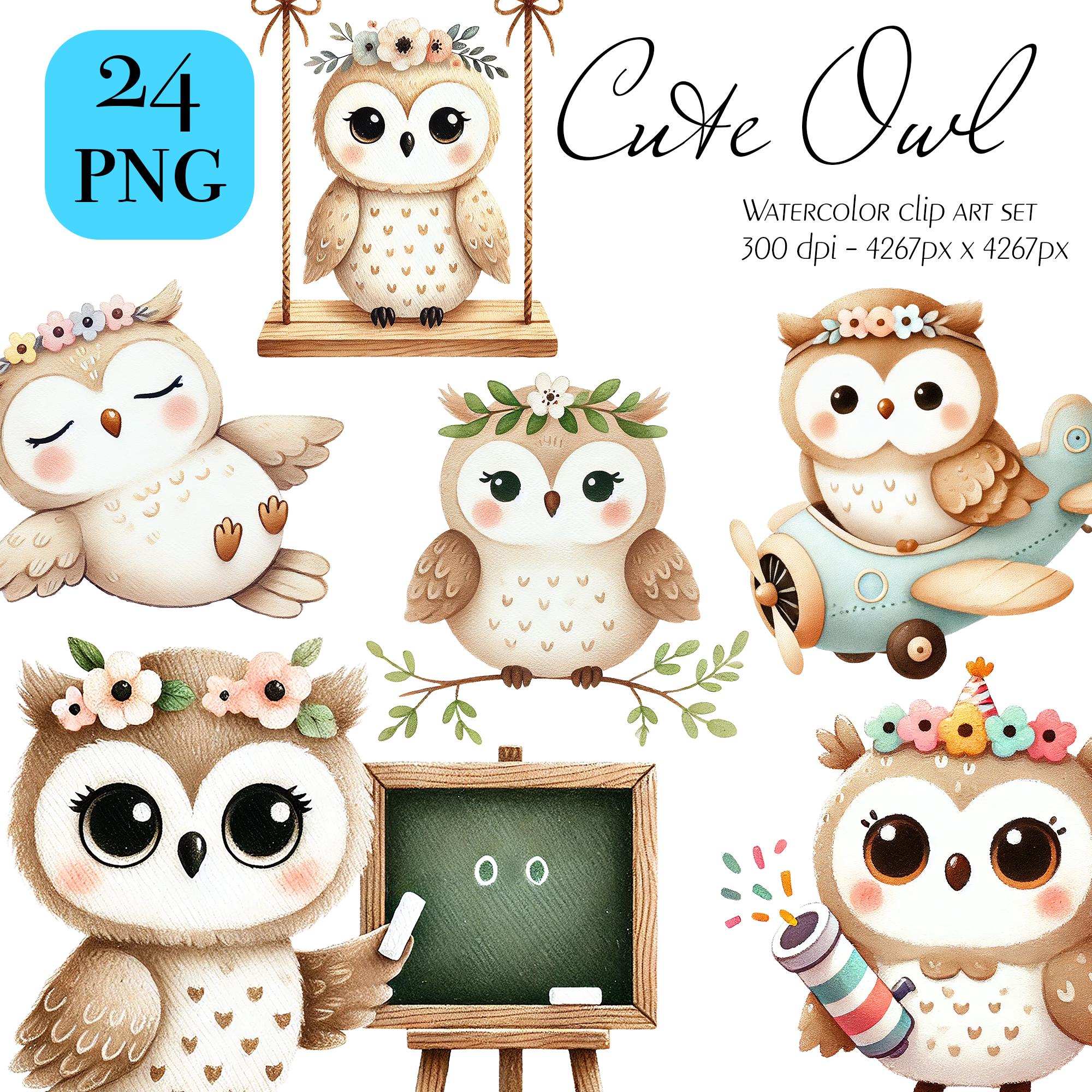 Watercolor Owl Clipart Set: Baby Animal Illustrations (PNG Digital Download)