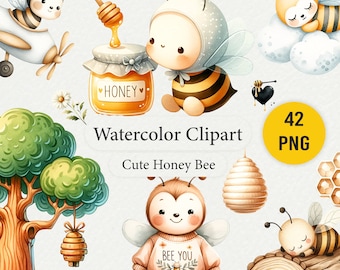 Watercolor Honey Bee Clipart Set: 42 PNG Illustrations (Digital Download)