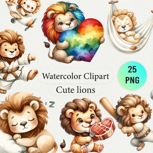 Carino acquerello Leone Clipart - Adorabile arredamento della scuola materna, Grafica Baby Shower, Artigianato per bambini stampabile, PNG digitale ad alta risoluzione