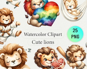 Conjunto de imágenes prediseñadas de león en acuarela: diseños para guarderías y baby showers (PNG)