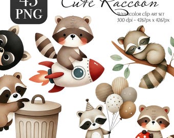 Watercolor Raccoon Clipart Set, Woodland Nursery Art (Commercial Use)