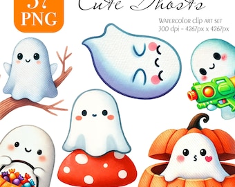Pacote de clipart de fantasma fofo de Halloween em aquarela, PNG de fantasma fofo, abóbora e designs de sublimação de outono assustadores | Clipart de outono para caneca
