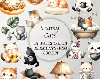 Paquete de imágenes prediseñadas de gatos en acuarela: Gatos divertidos PNG, uso comercial (descarga digital)