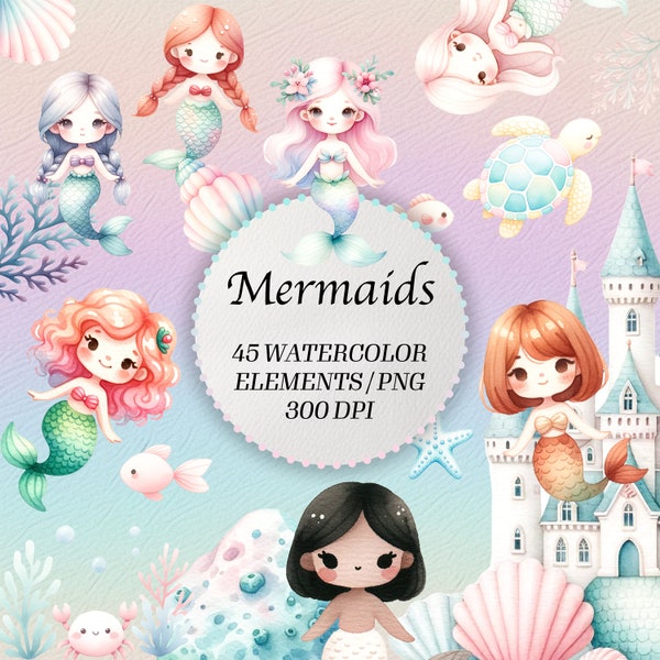 45 Whimsical Little Mermaid Clipart, Watercolor Ocean Fantasy, PNG, Digital Download, Commercial Use, Undersea Adventure, Pastel Mermaids