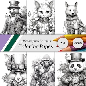 Adults Coloring Pages, 10 Grayscale Coloring Pages, Steampunk Animals Coloring Sheets, Instant Download