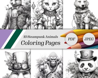Steampunk Animals Coloring Pages: 10 Grayscale Designs (PDF & JPEG)