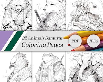 Anime Samurai Animals Coloring Book: 25 Fantasy Pages (Digital Download)