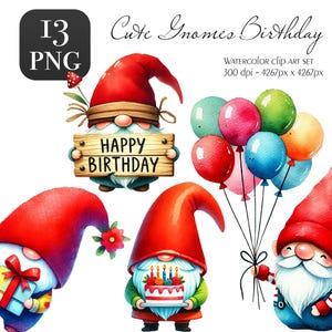 Watercolor Gnome Birthday Clipart – Cute Printable Gnomes for Invitations, Cards, Crafts | Digital PNG Download | Commercial Use