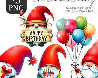 Imágenes prediseñadas de gnomos en acuarela para cumpleaños: lindos gráficos PNG (descarga digital)