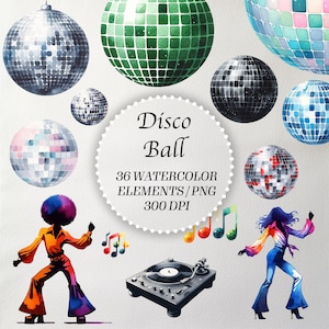 Aquarel Disco Ball Clipart - Levendige Party Decoratie Digitale Graphics, Afdrukbare Glitter Mirror Ball Illustraties, Instant Download