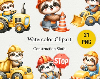 Clipart de perezoso constructor en acuarela: Perezoso constructor PNG (Descarga digital)