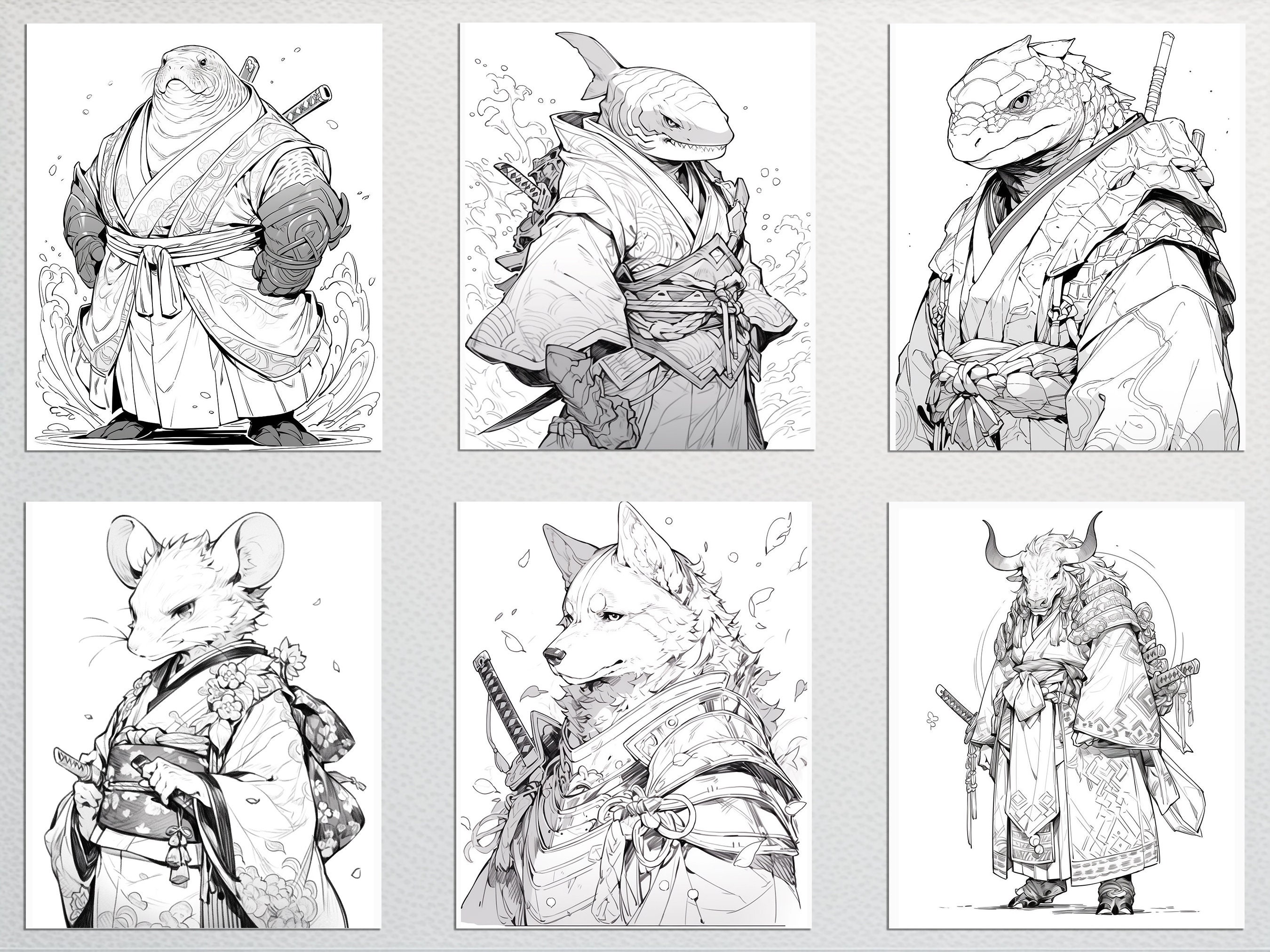 Anime Samurai Adults Coloring Pages, 25 Fantasy Animals Samurai
