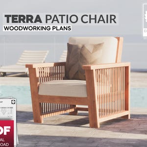 May include: A woodworking plan for a Terra Patio Chair. The plan includes a material list and a worksheet. The chair is made of wood and has a slatted back and seat. The chair is shown in a setting with a pool and patio furniture.