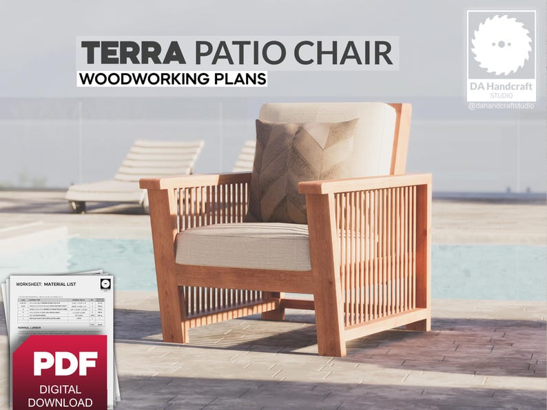 May include: A woodworking plan for a Terra Patio Chair. The plan includes a material list and a worksheet. The chair is made of wood and has a slatted back and seat. The chair is shown in a setting with a pool and patio furniture.