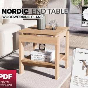 May include: Woodworking plans for a Nordic end table. The plans include instructions for assembling the legs and beam. The table is made of wood and has a light wood finish. The plans are available as a digital download.