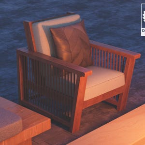May include: A wooden armchair with a slatted back and seat. The chair has a light brown finish and is upholstered in a light beige fabric. The chair is accented with two pillows, one beige and one brown with a geometric pattern.