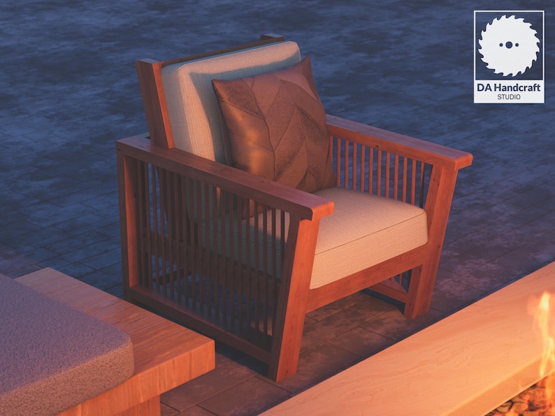 May include: A wooden armchair with a slatted back and seat. The chair has a light brown finish and is upholstered in a light beige fabric. The chair is accented with two pillows, one beige and one brown with a geometric pattern.