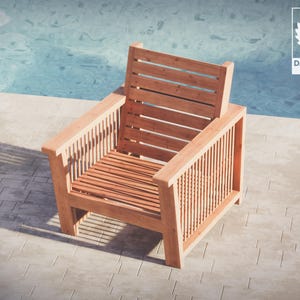 May include: A wooden chair with a slatted back and seat, and a slatted design on the sides. The chair is made of natural wood and has a rustic look. The chair is sitting on a concrete patio.