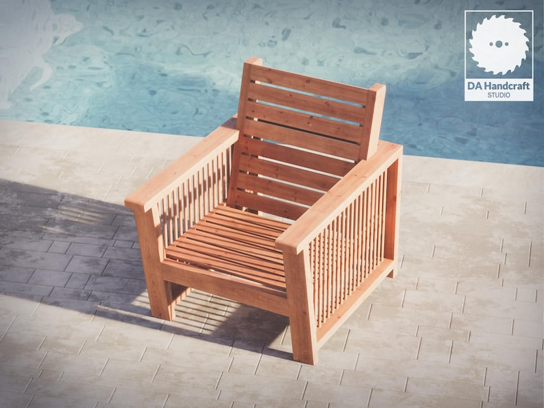May include: A wooden chair with a slatted back and seat, and a slatted design on the sides. The chair is made of natural wood and has a rustic look. The chair is sitting on a concrete patio.