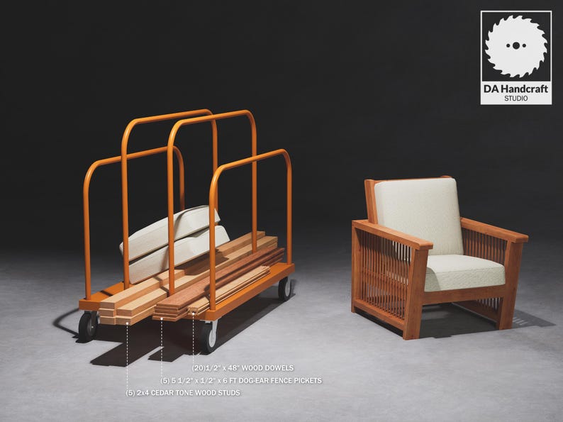 May include: A metal cart loaded with wooden dowels, fence pickets, and cedar tone wood studs. The cart has a metal frame and wheels. A wooden chair with a white cushion sits in the background.