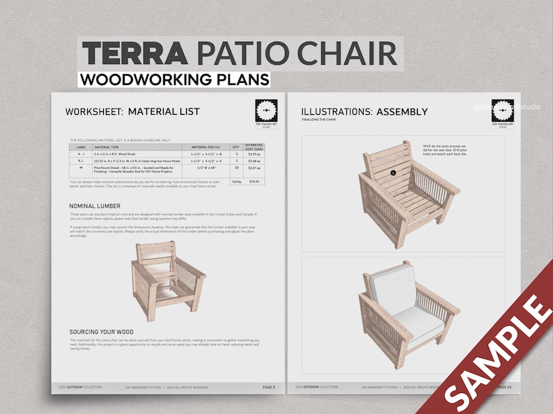 May include: A woodworking plan for a Terra Patio Chair. The plan includes a material list, assembly instructions, and illustrations of the chair. The chair is made of wood and has a simple, classic design.