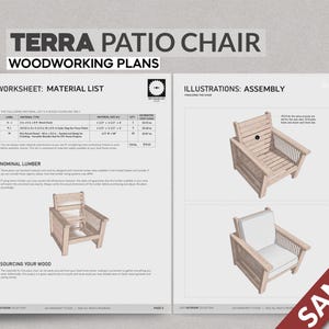 May include: A woodworking plan for a Terra Patio Chair. The plan includes a material list, assembly instructions, and illustrations of the chair. The chair is made of wood and has a simple, classic design.