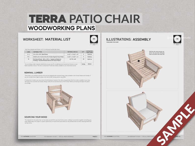 May include: A woodworking plan for a Terra Patio Chair. The plan includes a material list, assembly instructions, and illustrations of the chair. The chair is made of wood and has a simple, classic design.