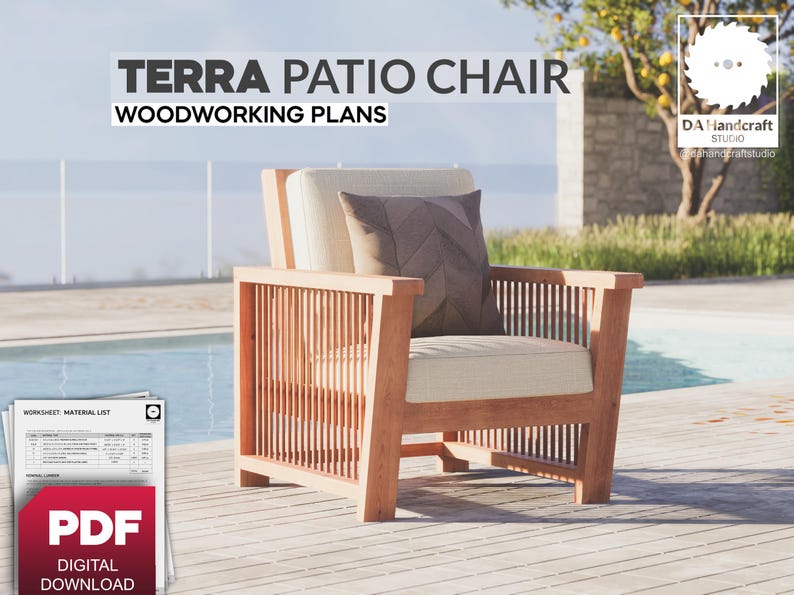 May include: A wooden patio chair with a slatted back and seat, featuring a brown cushion and a gray throw pillow. The chair is positioned on a wooden deck near a swimming pool. The image includes the text "TERRA PATIO CHAIR WOODWORKING PLANS" and "DA Handcraft Studio".