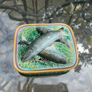 May include: A square ceramic dish with a lid, featuring a detailed relief of three fish on a bed of green seaweed. The dish has a yellow border and a light purple rim, creating a decorative and aquatic theme.