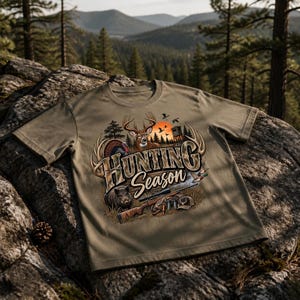 May include: A tan t-shirt featuring a graphic print with the text "HUNTING Season" in large letters. The design includes a deer, a wild boar, a turkey, a rifle with a scope, and a hunting blind set against a sunset background with flying birds.