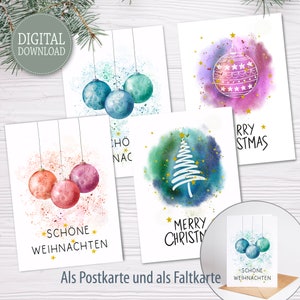 Christmas cards watercolor to print - Festive DIY Christmas greetings - Christmas greeting card set - Print your own Christmas card