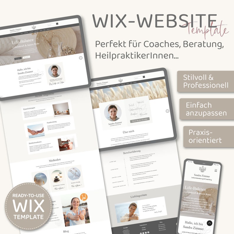 Wix Website Template - Website Vorlage "Life-Balance" für Coaching & Beratung von VanillDesign, Website selbst erstellen. Hauptbild.