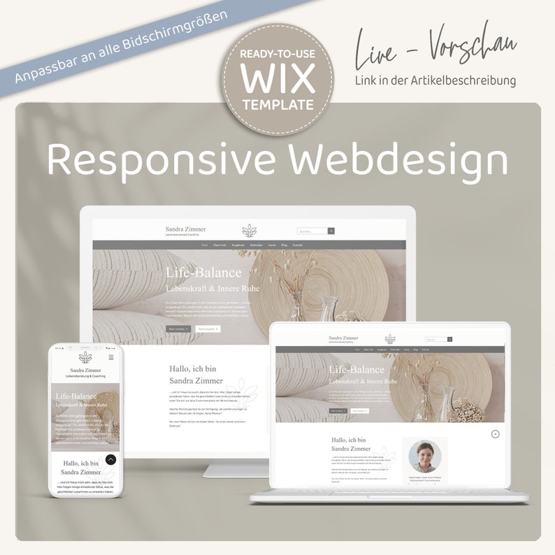 Wix Website Template - Website Vorlage "Life-Balance" für Coaching & Beratung von VanillDesign, Website selbst erstellen. Responsive Webdesign.